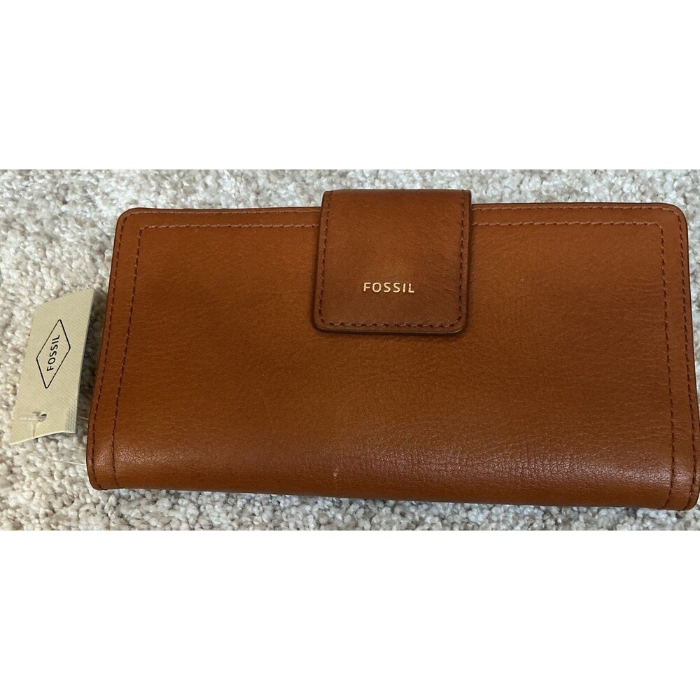 Fossil Logan RFID Tab Clutch Brown Leather Wallet NWT